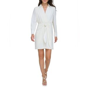 NWT DKNY Cream Long-Sleeve Front-Tie Shirt Mini Dress, size 0